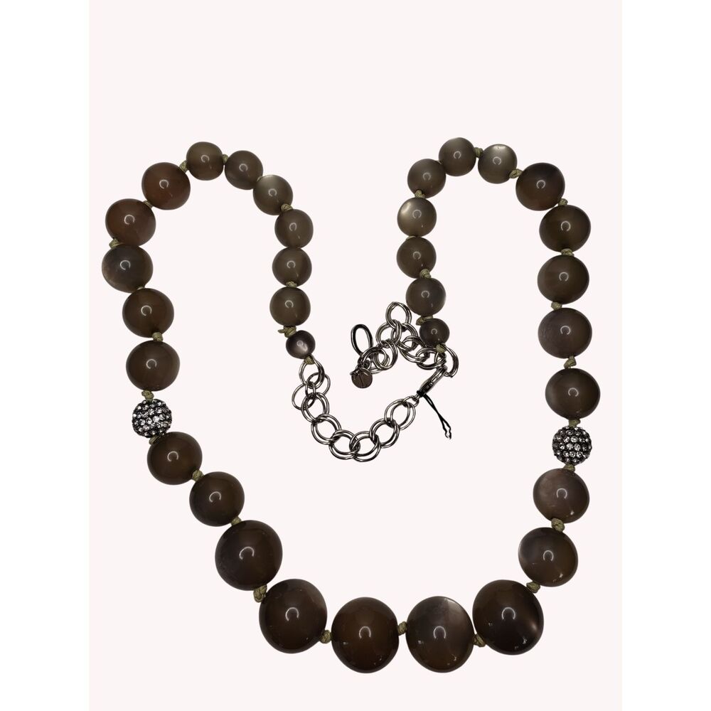 Talbots Pave Rhinestone & Cats Eye Necklace Silver Gray 34" Long Large Beads NEW